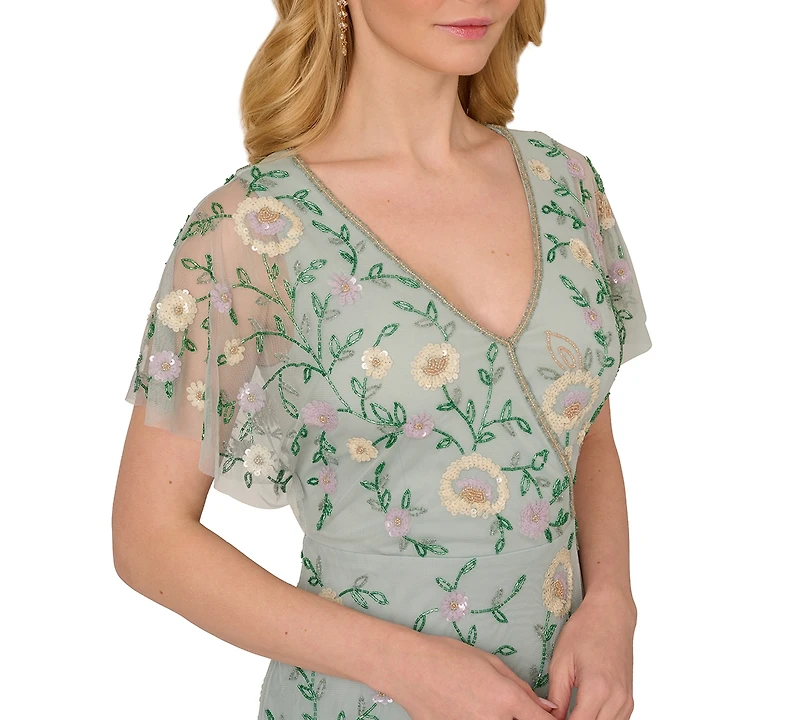 Adrianna Papell Petite V-Neck Beaded Mesh Gown