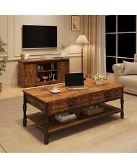 gaomon 41 Inch 2-Drawer Retro Style Wood Coffee Table, Multi-Functional Storage Center Table for Living Room