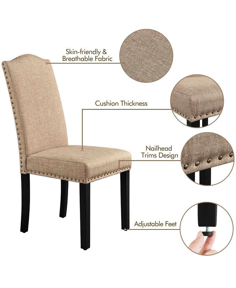 Yaheetech Set of 2 Fabric Upholstered Classic Dining Chair with Tall Back and Solid Wood Legs Khaki