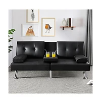 Yaheetech Faux Leather Convertible Futon Sofa Bed with 2 Throw Pillows