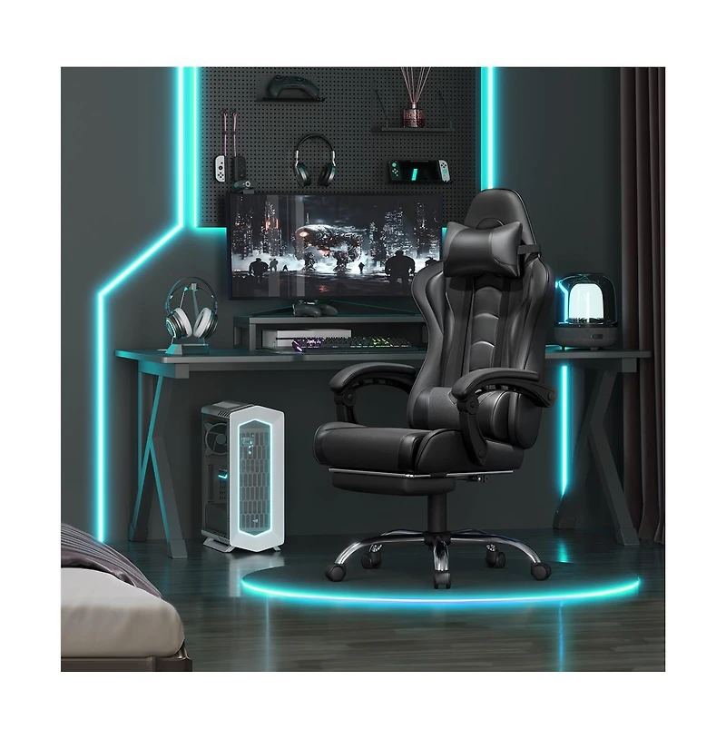 Yaheetech Ergonomic Gaming Chair, High Back Office Chair with Slide-Out Footrest and Padded Armrests, Pink/White