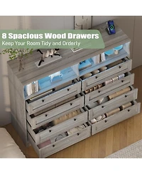 gaomon 8-Drawer Wood Dresser with Charging Station & Led Lights, Modern Storage Chest for Bedroom, Living Room, Hallway