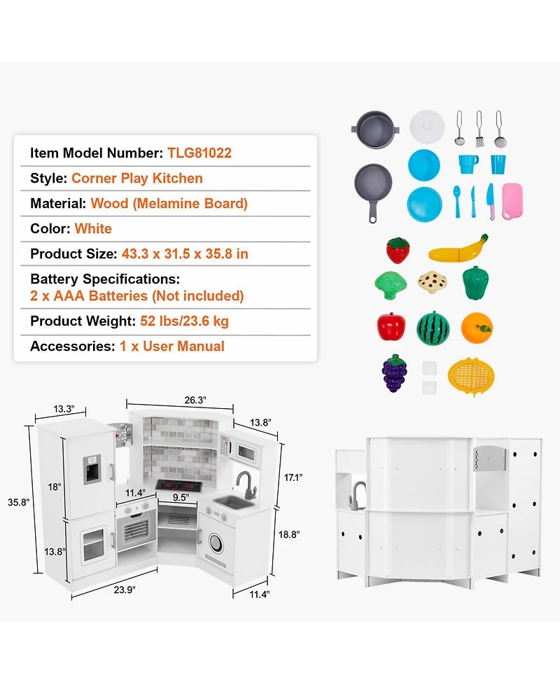 Sugift Corner Wooden Play Kitchen with Electronic Sounds & Led Display