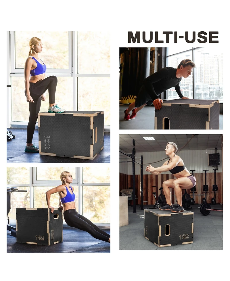 Signature Fitness 16" x 14" x 12" Wooden Plyo Box Non-Slip Jump Platform, Gray