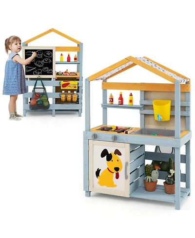 Costway 2-in-1 Wooden Outdoor Mud Kitchen and Grocery Store Play Kitchen with Sink