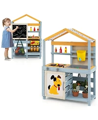 Costway 2-in-1 Wooden Outdoor Mud Kitchen and Grocery Store Play Kitchen with Sink