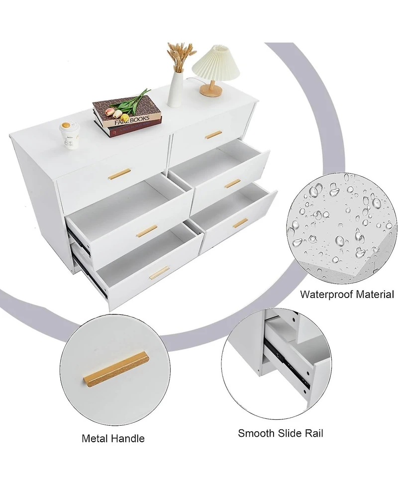 gaomon 6-Drawer Wooden Modern Double Dresser with Deep Drawers and Metal Gold Handles