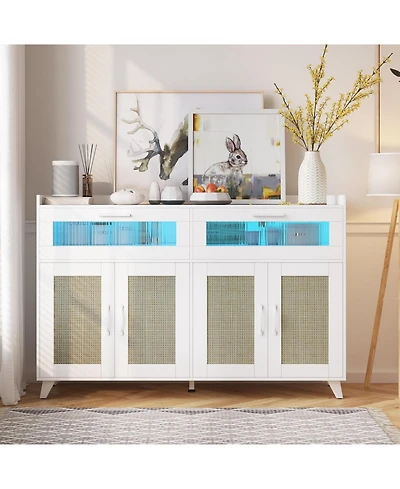 gaomon Farmhouse Rattan Storage Cabinet with Charging Station and Led Light, Heavy Duty Buffet