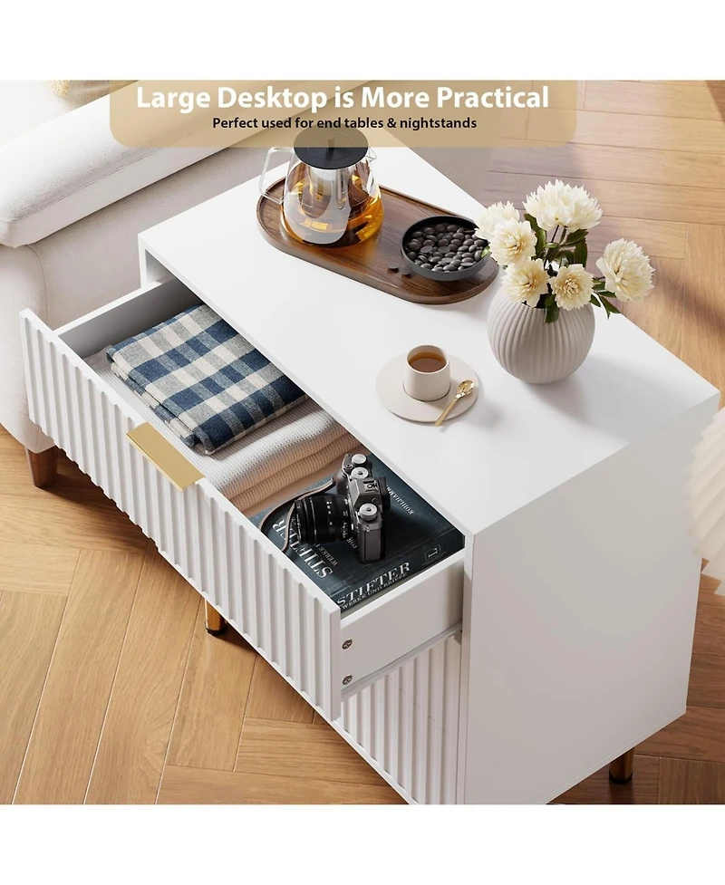 gaomon 3-Drawer Modern Fluted White Dresser, Stylish Nightstand with Deep Drawers, Wide Top, Organizer for Bedroom, Living Room, Kids Room