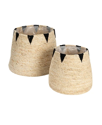 Household Essentials Round Handwoven Corn Leaf Basket Set of 2 with Plastic Liner, Natural with Black Accents