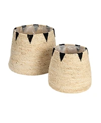 Household Essentials Round Handwoven Corn Leaf Basket Set of 2 with Plastic Liner, Natural with Black Accents