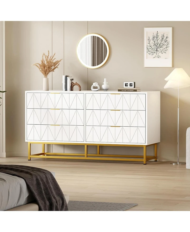 gaomon 6-Drawer Black Engineered Wood Dresser, Rust-Resistant Finish, Sturdy Metal Frame, Bedroom Storage, White Top