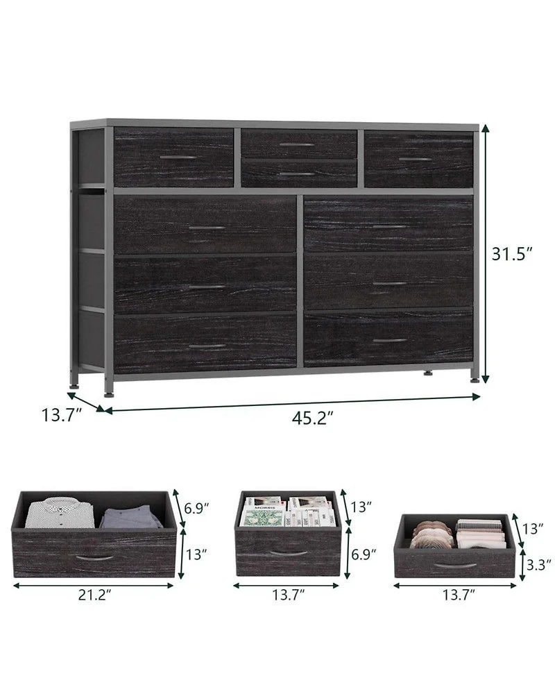 gaomon 10-Drawer Modern Fabric Dresser for Bedroom, Large Storage Chest, 45" Tv Stand, Living Room, Hallway Organizer