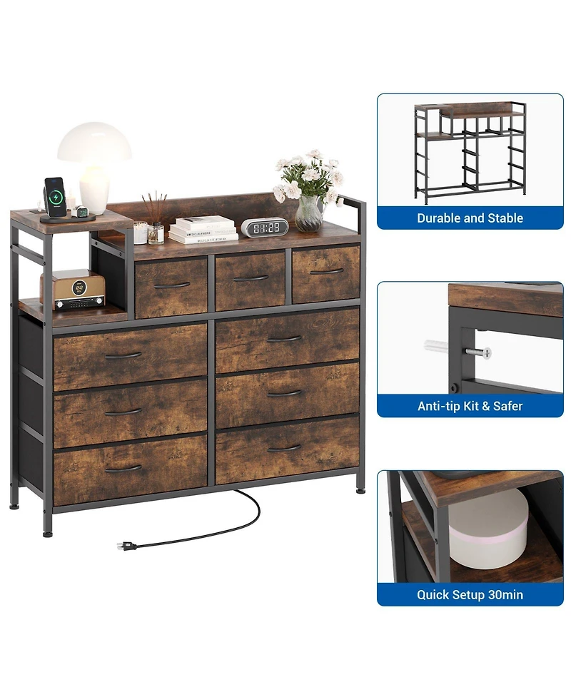 gaomon 9-Drawer Modern Dresser with Charging Station, Heavy-Duty Storage Chest
