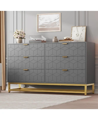 gaomon 53.5 Inch 6-Drawer Modern Dresser, Wide Chest with Gold Metal Legs & Handles, Storage for Bedroom, Living Room, Hallway, Grey