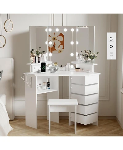 gaomon Corner Makeup Vanity Desk with Lights, Power Outlet, Rotating Drawers, Adjustable Brightness, Stool