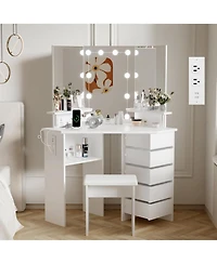 gaomon Corner Makeup Vanity Desk with Lights, Power Outlet, Rotating Drawers, Adjustable Brightness, Stool