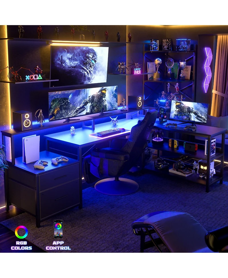 Aheaplus 72.8" L Shaped Desk with File Drawer, Reversible Computer Power Outlet, Led Strip, Monitor Stand & Storage Shelves