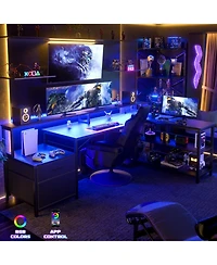 Aheaplus 72.8" L Shaped Desk with File Drawer, Reversible Computer Power Outlet, Led Strip, Monitor Stand & Storage Shelves