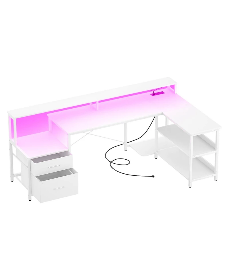 Aheaplus 72.8" L Shaped Desk with File Drawer, Reversible Computer Power Outlet, Led Strip, Monitor Stand & Storage Shelves