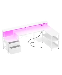 Aheaplus 72.8" L Shaped Desk with File Drawer, Reversible Computer Power Outlet, Led Strip, Monitor Stand & Storage Shelves