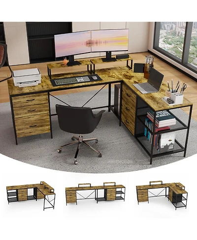 Streamdale Furniture 114" L-Shaped Desk with Power/Usb-c 6 Drawers 3 Shelves Monitor Stands Rustic Brown