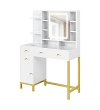 gaomon White Vanity Desk with Mirror & Led Lights, Makeup Dressing Table with Power Outlet, Bedroom