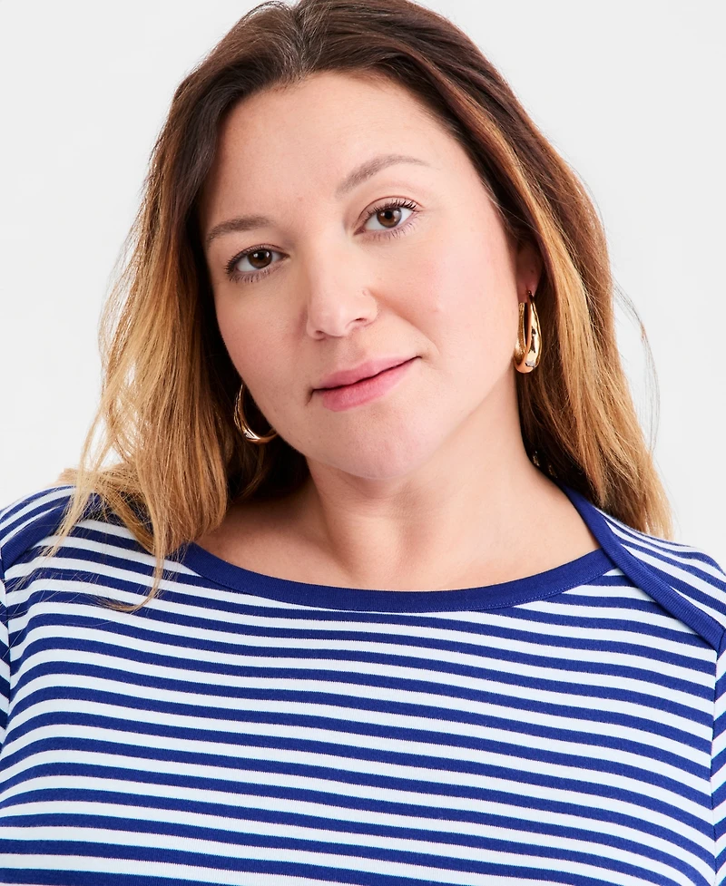 Style & Co Plus Stripe Pima Cotton 3/4-Sleeve Top, Exclusively at Macy's