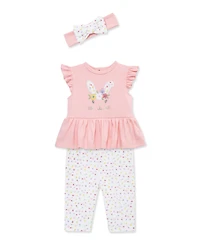 Little Me Baby Girls' Bunny Printed Bodysuit, Leggings and Headband, 3-Piece Set