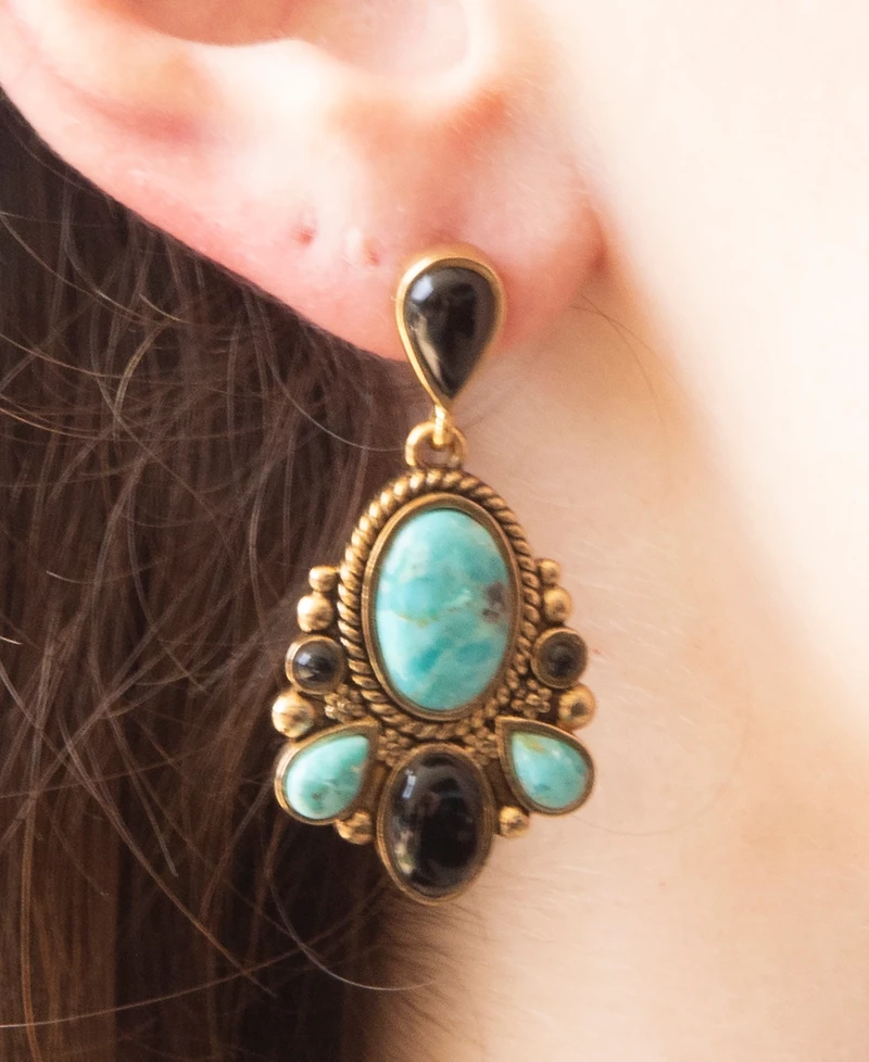 Barse Barcelona Blue Turquoise and Black Onyx Post Drop Golden Earrings
