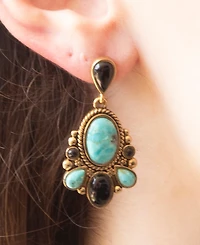 Barse Barcelona Blue Turquoise and Black Onyx Post Drop Golden Earrings