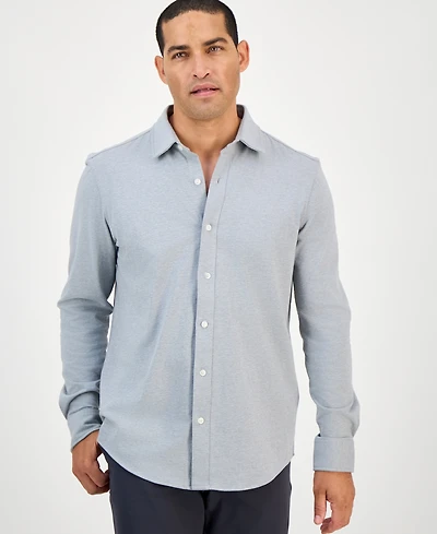 Alfani Men's Classic-Fit Heathered Jersey-Knit Button-Down Shirt, Created for Macy's