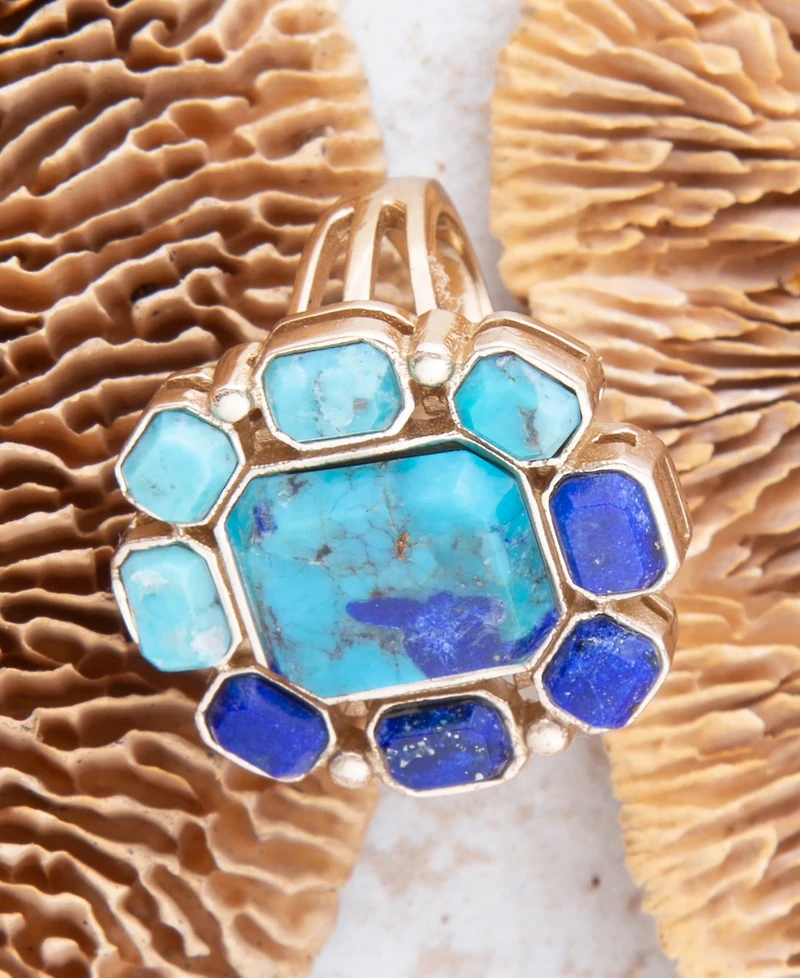 Barse Duality Blue Lapis and Turquoise Golden Statement Ring