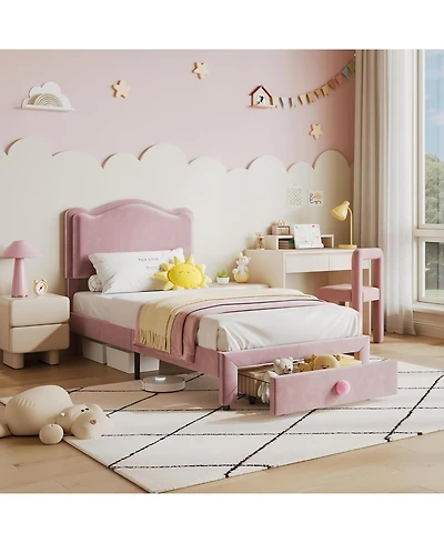 gaomon Twin Size Upholstered Kids Bed Frame, Toddler Platform, Headboard & Storage Drawer, Strong Wood Slats, Pink