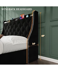 gaomon Queen Bed Frame Black Upholstered 4 Storage Drawers Wingback Headboard Charging Station Button Tufted