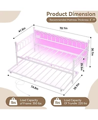 gaomon Twin Size Metal Daybed with Trundle Charging Station Led Lights Sofa Bed