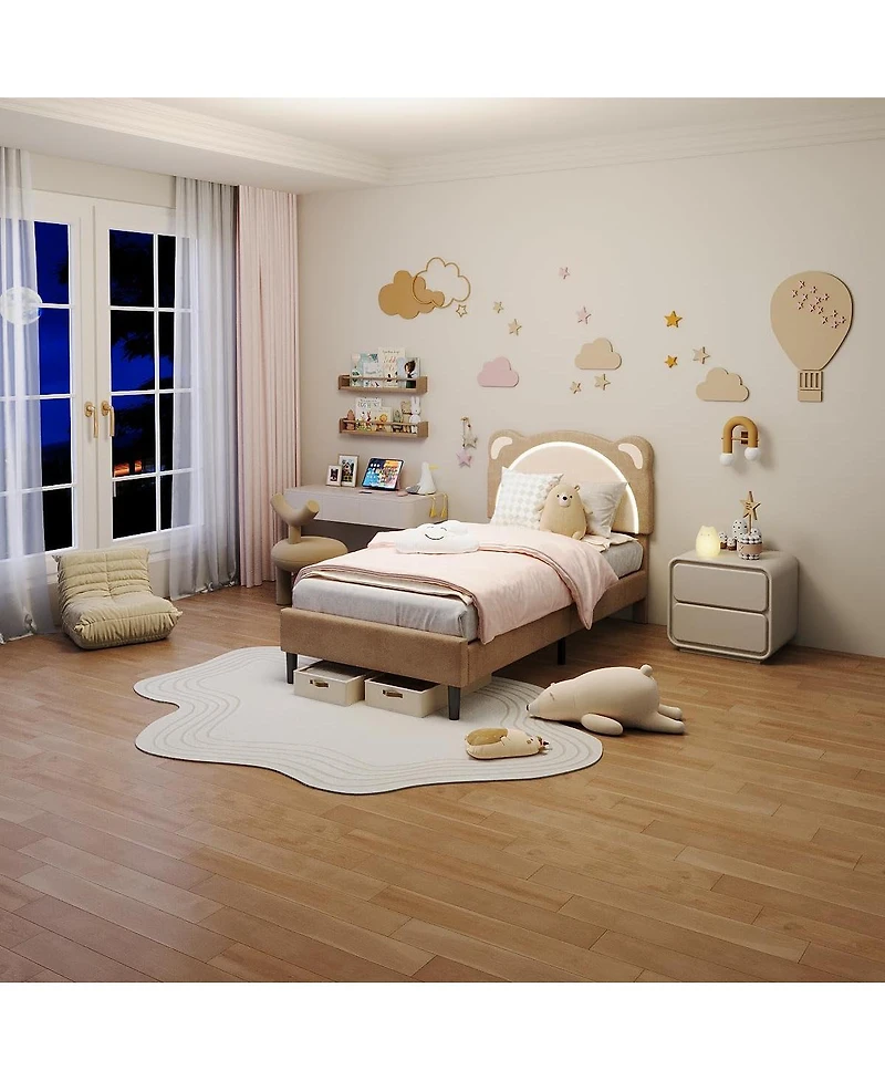 gaomonTwin Xl Upholstered Bed for Kids – Adjustable Headboard with Led Light, Wooden Slats, No Box Spring, Coffee