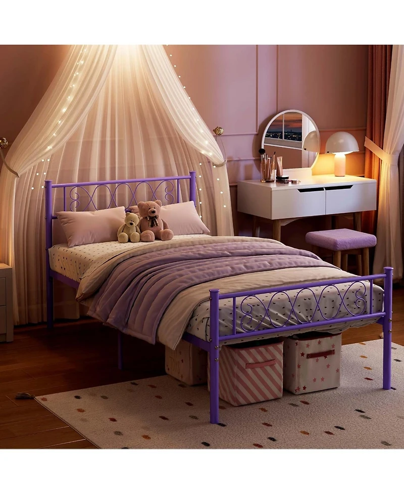 gaomon Twin Metal Platform Bed with Purple Heart-Design Headboard and Footboard, Underbed Storage, Sturdy Frame