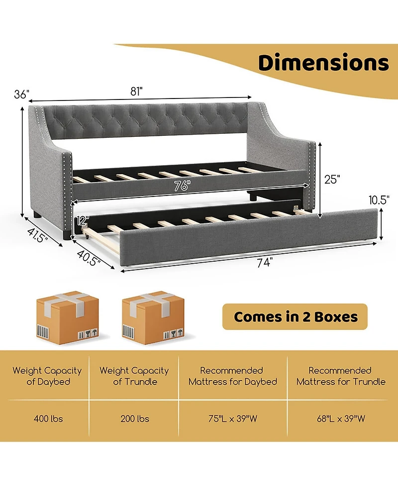 Gymax Twin Size Daybed w/ Trundle wingback Armrests & Button Tufted Backrest