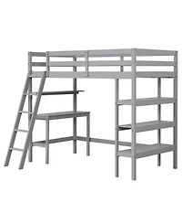 Gymax Twin Solid Wood Loft Bed w/ Desk & Bookshelves Ladder Guardrails