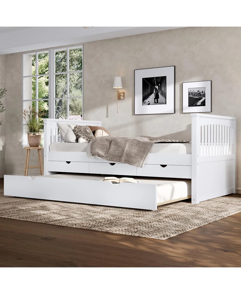 Streamdale Furniture Twin Platform Bed with Drawers, Trundle, Solid Wood Daybed, White