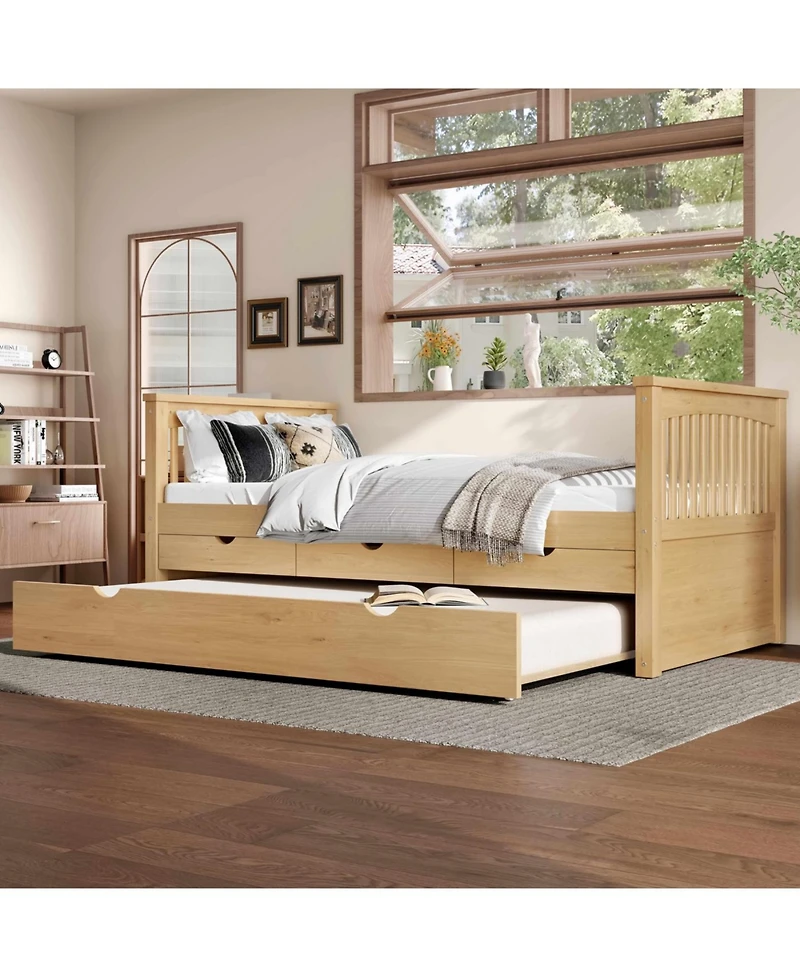 Streamdale Furniture Twin Platform Bed with Drawers, Solid Wood Daybed, No Spring Box Needed, Natural