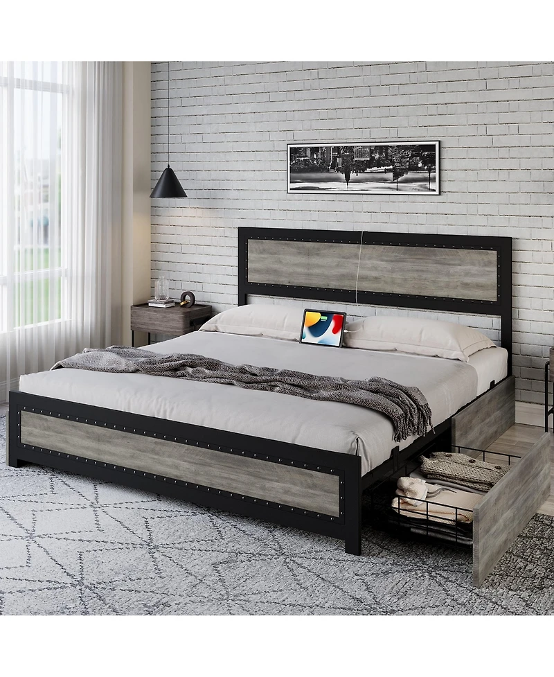 gaomon Full Bed Frame with Headboard Industrial Platform Charging Station 4 Storage Drawers Metal Slats Grey