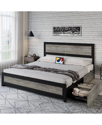 gaomon Full Bed Frame with Headboard Industrial Platform Charging Station 4 Storage Drawers Metal Slats Grey