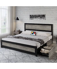 gaomon Full Bed Frame with Headboard Industrial Platform Charging Station 4 Storage Drawers Metal Slats Grey