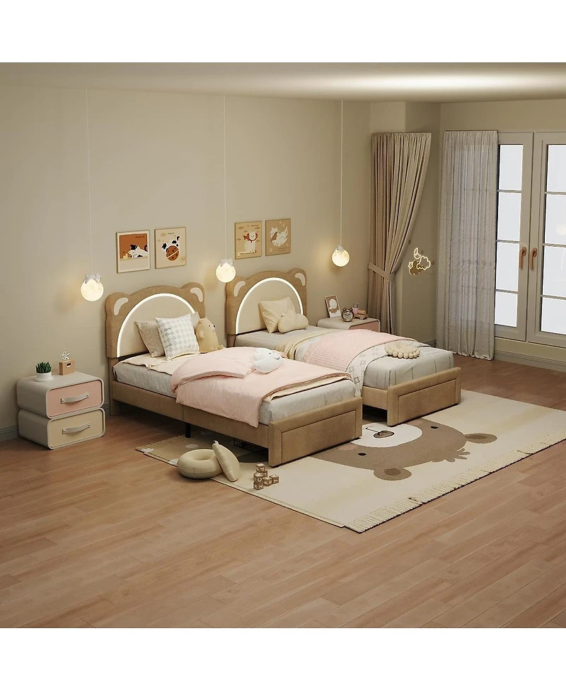 gaomon Twin Xl Upholstered Bed for Kids – Adjustable Headboard with Drawer & Led Light, Wooden Slats, No Box Spring