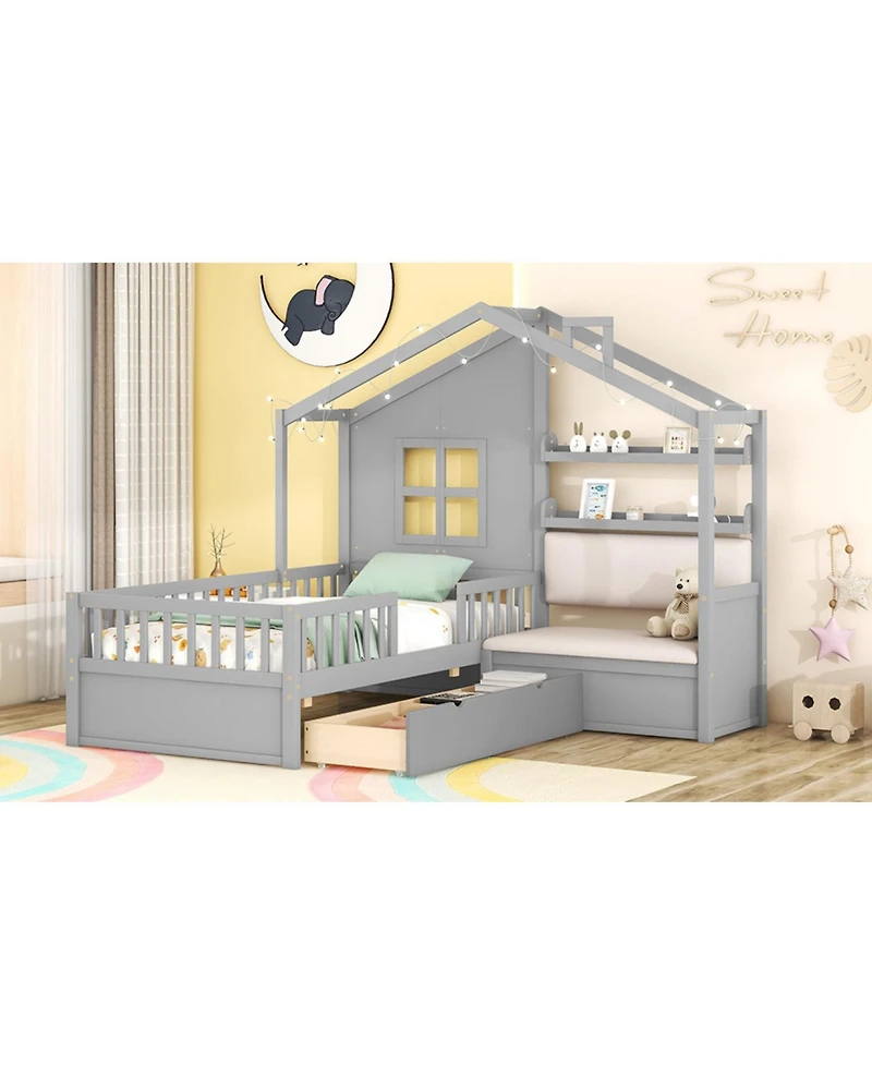 Streamdale Furniture Twin Pinewood House Bed with Linen Sofa, Drawers and Storage Shelf