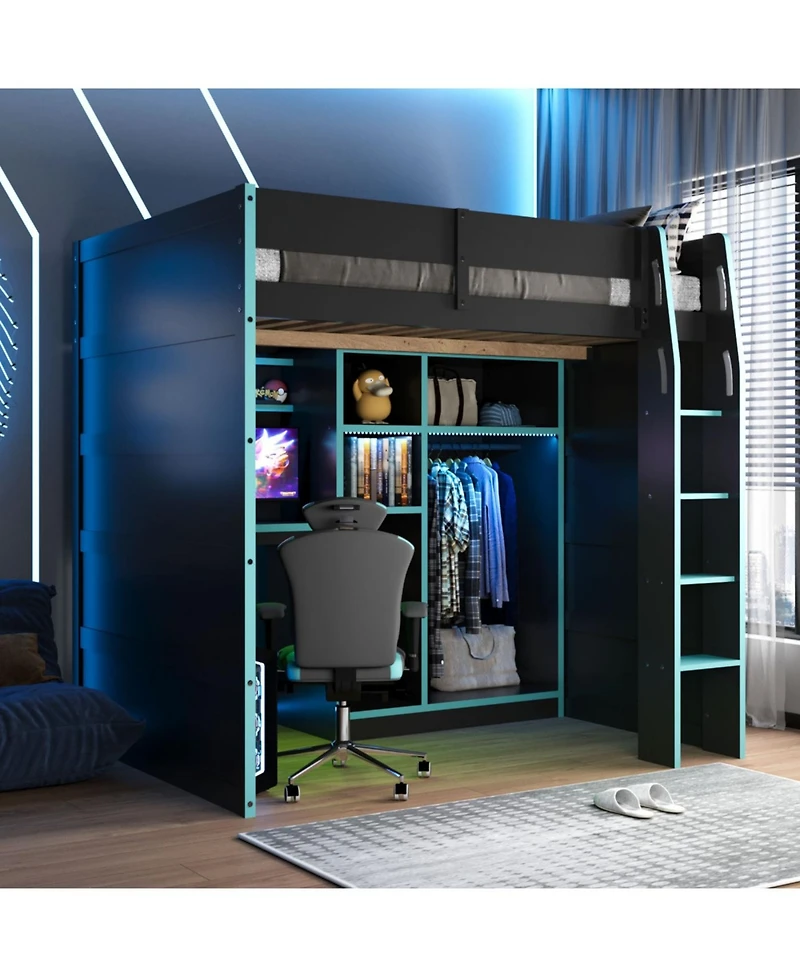 Streamdale Furniture Full Wood Loft Bed with Desk, Wardrobe, Storage & Rgb Lights
