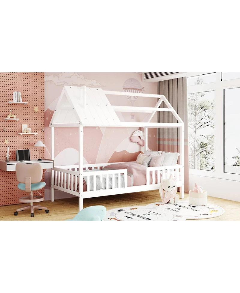 Streamdale Furniture Twin Wood House Bed with Fence, White+Gray