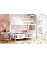 Streamdale Furniture Twin Wood House Bed with Fence, White+Gray